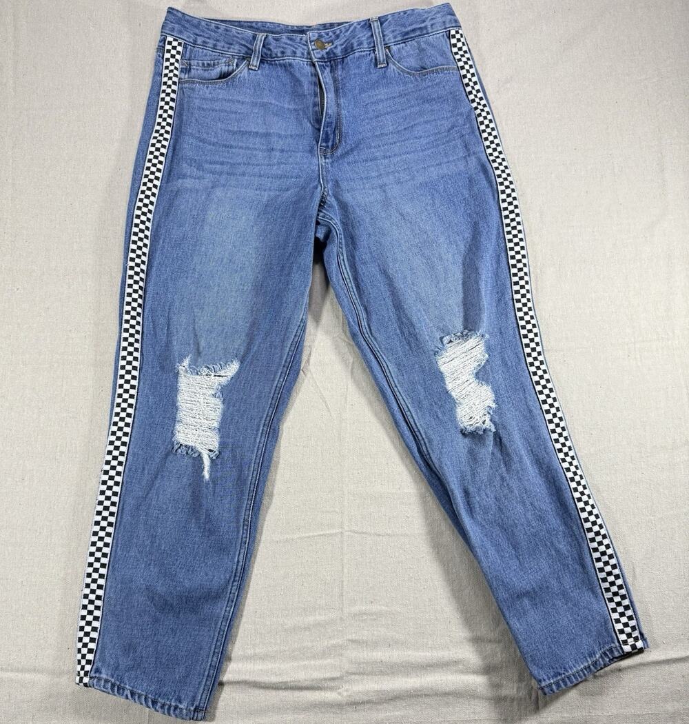 Empyre Eileen Mom Jeans Checker Stripe Distressed Women's Size 13 Skate Y2K